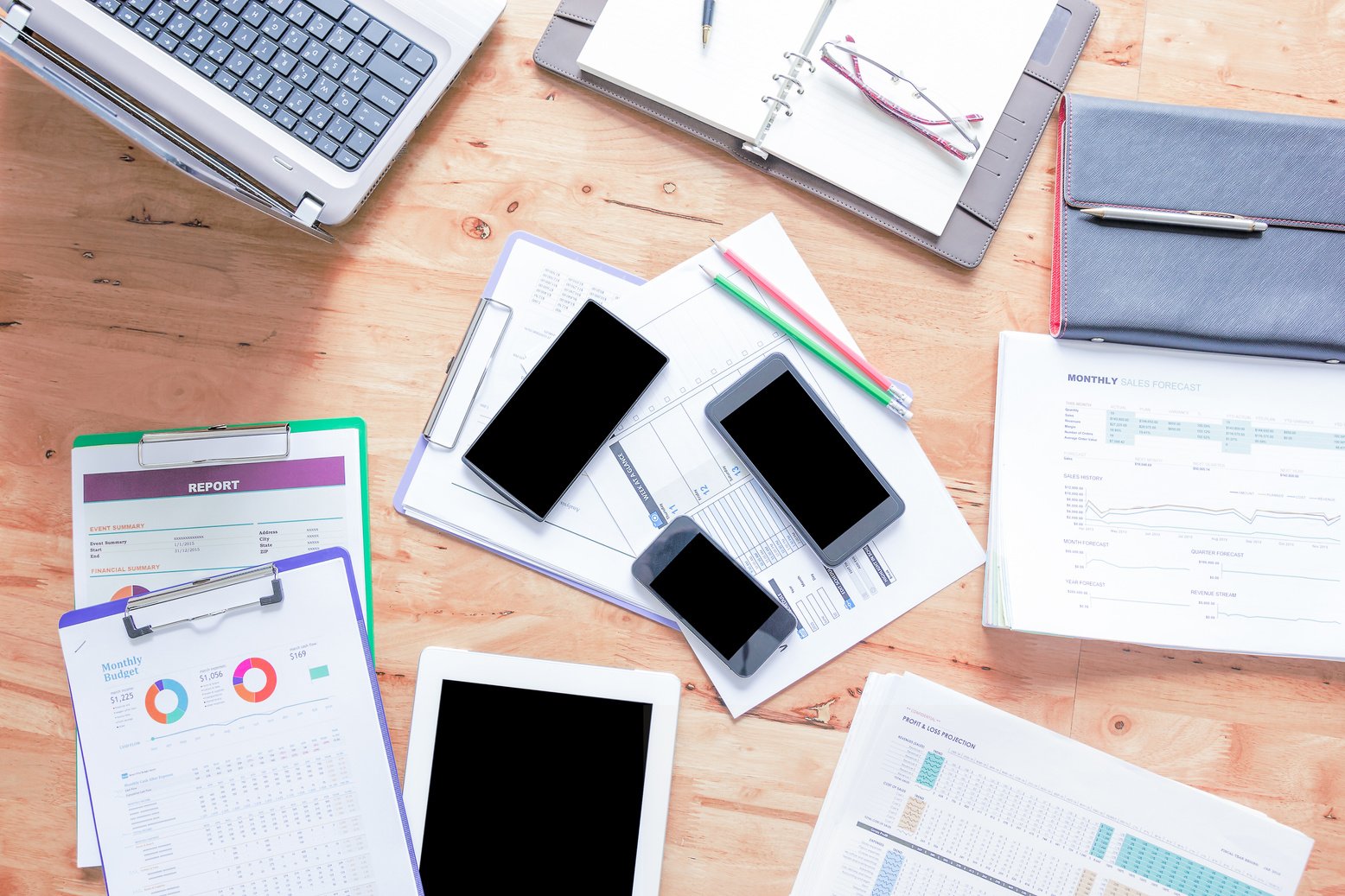 Financial administrator working desk with copy space.